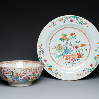 A Chinese famille rose 'mandarin' bowl and a dish, Qianlong