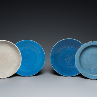 Four Chinese monochrome blue and crackle-glazed dishes, 19/20th C.