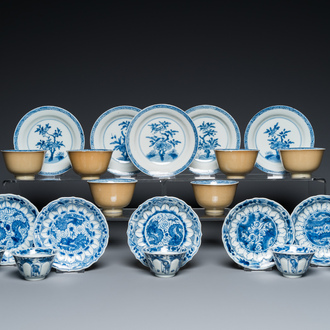 Eleven Chinese blue and white cups and ten saucers, Kangxi