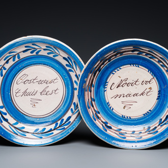 Two Frisian blue, white and manganese proverbial dishes, Makkum, 1st half 19th C.