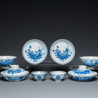 A pair of Chinese blue and white covered bowls, a pair of plates and six bowls, Guangxu mark and of the period