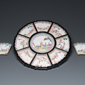 A Chinese eleven-piece Canton enamel sweetmeat or rice table set, Qianlong