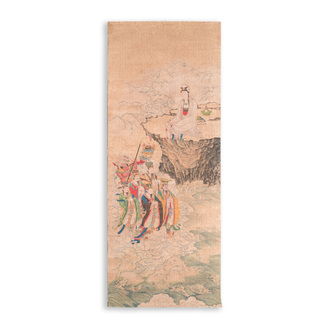 Chinese school: 'Bodhisattva looking over a group of deities', ink and colour on silk, Qing