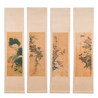 Miao Jiahui 繆嘉慧 (1831-1901): Quatre rouleaux aux oiseaux et fleurs, encre et couleurs sur soie