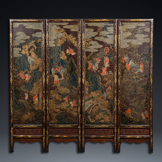 A Chinese painted wooden four-panel room divider, Qing