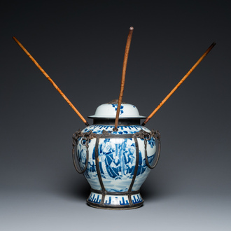 A Chinese blue and white vase and cover mounted as a water pipe for the Vietnamese market, Daoguang mark, 19th C.