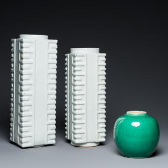 Two Chinese white-glazed 'cong' vases and an apple green jar, 19/20th C.