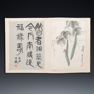 Navolger van Qi Baishi 齊白石 (1864-1957): Album met 6 florale werken met kalligrafie, inkt en kleur op papier