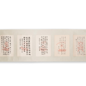 Chinese school: Five vertical calligraphy writings with signatures of celebrities, ink and colour on paper