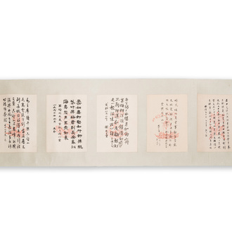 Chinese school: Five vertical calligraphy writings with signatures of celebrities, ink and colour on paper