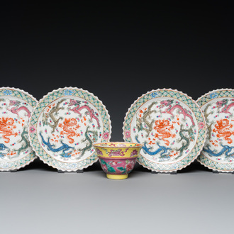 Four Chinese famille rose dishes and a cup for the Straits or Peranakan market, Qianlong mark, 19th C.