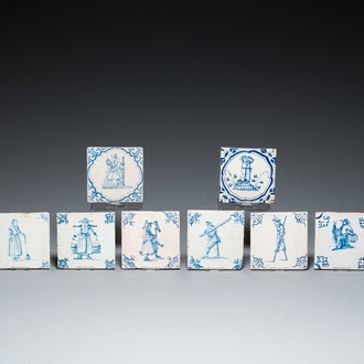 Eight Dutch Delft blue and white tiles with mostly craftsmen at work and playing children, 17th C.