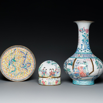 A Chinese Canton enamel vase, a box and cover and a 'dragon' dish, Qianlong and later