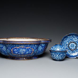 A Chinese blue-ground Canton enamel basin and a covered bowl on stand, Qianlong/Jiaqing