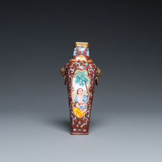 A square Chinese Canton enamel vase with Europeans, Qianlong mark and probably of the period