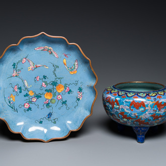 A Chinese blue-ground Canton enamel dish and a censer, Yongzheng/Qianlong