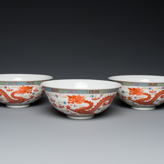 Three Chinese famille rose 'dragon' bowls, Qianlong mark, 19/20th C.