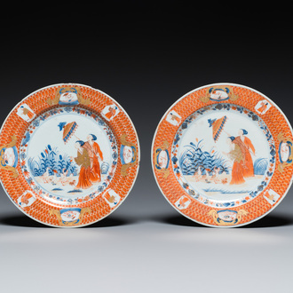 A pair of Chinese Imari-style plates with 'Parasol ladies' after Cornelis Pronk, Qianlong