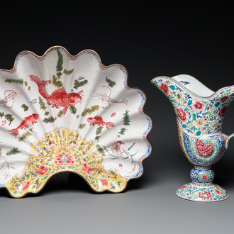 A Chinese Canton enamel shell-shaped basin and a helmet-shaped ewer, Qianlong