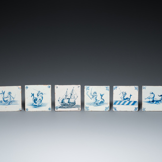 Six Duch Delft blue and white tiles with sea monsters and a ship, 17th C.