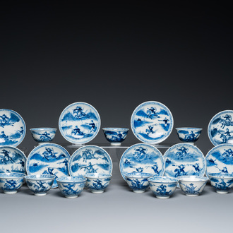 13 Chinese blue and white 'rabbit hunt' cups and 10 saucers, Qianlong mark, 19th C.