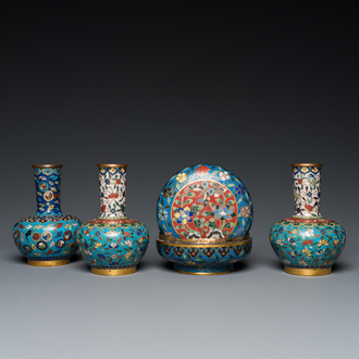 Three Chinese cloisonné vases and a covered box, 19/20th C.