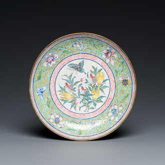 A Chinese Canton enamel 'sanduo' dish, Qianlong