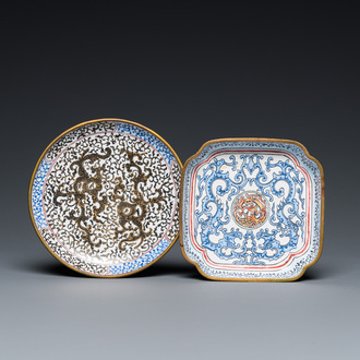 Two Chinese Canton enamel 'dragon' saucers, Qianlong/Jiaqing