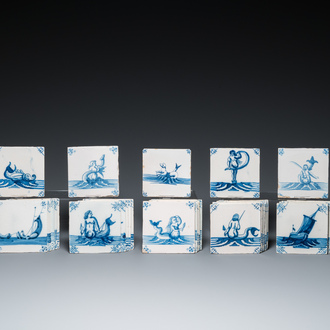 30 Dutch Delft blue and white tiles with sea monsters and ships, 18th C.