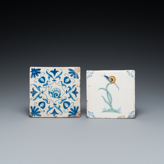 A polychrome Dutch Delft tile with a snail on a plant and a blue and white one with a snail in an ornament, 17th C.