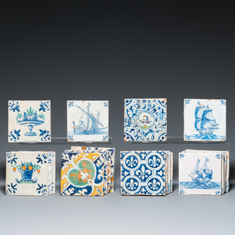 19 blue and white and polychrome Dutch Delft tiles, 16/17th C.