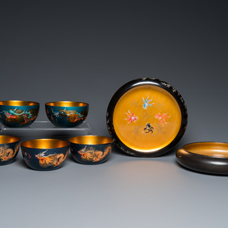 A pair of Chinese Fuzhou or Foochow lacquer brush washers and five bowls, Shen Shao An and Hip Sang, Republic