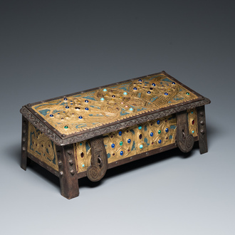 Alfred Daguet (Paris, 1875-1942): A Gothic revival repoussé brass and copper-mounted metal box with glass cabochons, ca. 1900