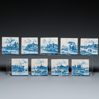 Nine blue and white Dutch Delft tiles with continuous landscape scenes, 18th C.