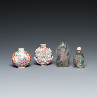 Four Chinese famille rose and inside-painted glass snuff bottles, 19/20th C.