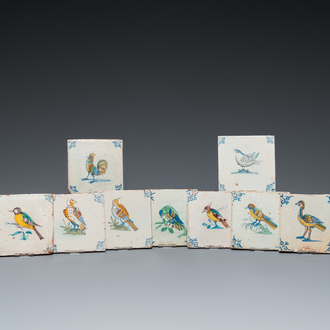 Nine polychrome Dutch Delft 'bird' tiles, 17th C.