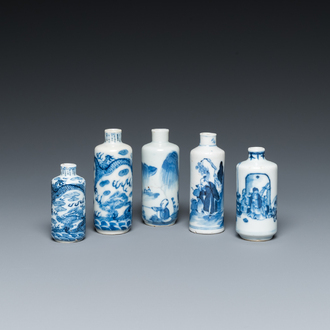 Five Chinese blue and white snuff bottles, 19th C.