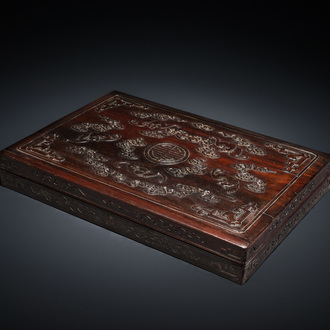 A Chinese partly zitan wood 'Five bats and Shou' box and cover, Qing