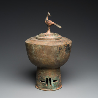 A Japanese or Korean bronze bird-topped censer, probably 17th C.