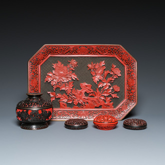 Five pieces of Chinese red cinnabar lacquer, 20th C.