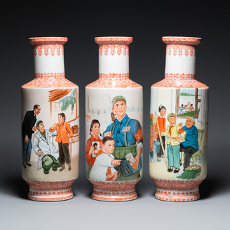 Three Chinese vases with Cultural Revolution design, signed Qiu Guang 邱光 and dated 1968 and 1972