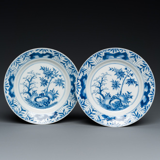 A pair of Chinese blue and white 'bamboo' plates, Chenghua mark, Kangxi