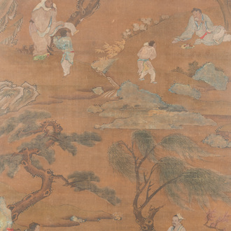 Chinese school: 'Gathering of the sages in four landscapes representing the four seasons', ink and colour on silk, 18th C.