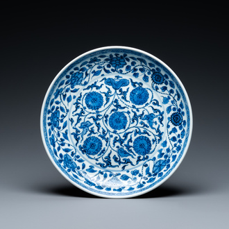 A Chinese blue and white 'lotus scroll' dish, Qianlong