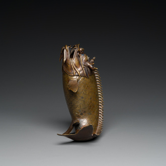 A Chinese bronze dragonfish form censer, Ming