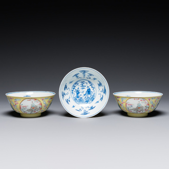 Three Chinese famille rose yellow sgraffito-ground bowls, Daoguang mark and possibly of the period