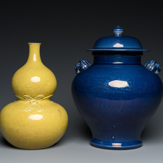 A Chinese monochrome yellow double gourd vase and a blue vase and cover, Republic