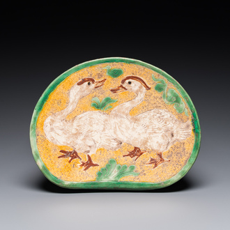 A Chinese sancai 'mandarin ducks' pillow, possibly Dangyangyu kilns, Henan, Song or later