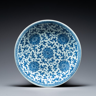 A Chinese blue and white 'lotus' dish, Qianlong mark and of the period