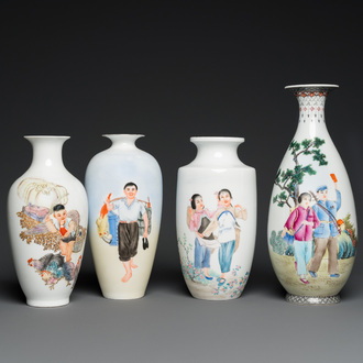 Four Chinese Cultural Revolution vases, signed Zhang Jian 章鑑, Chen Yifang 陳義芳 and Zhang Wenchao 章文超, dated 1972, 1973 and 1975